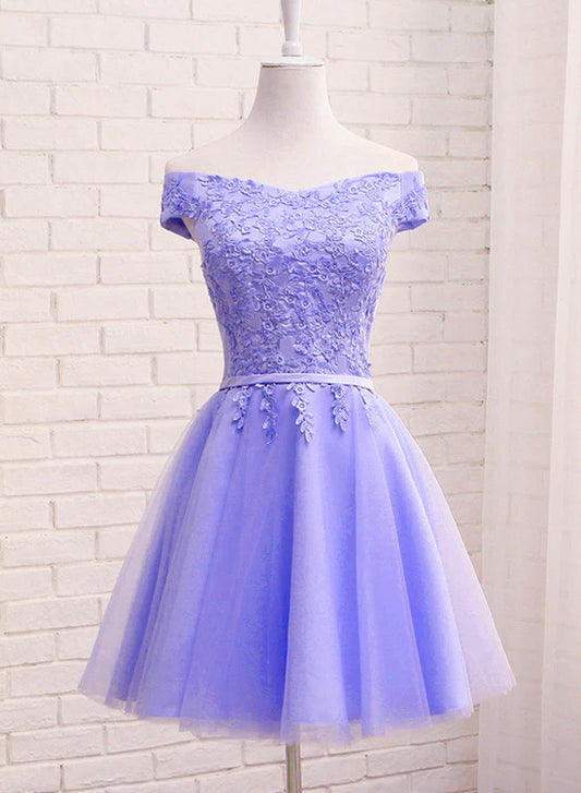 Purple Short Sleeves Lace Off Shoulder Party Dress, Cute Purple Homecoming Dress