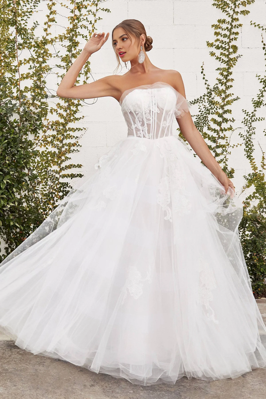 White Strapless Enchanting Corset Wedding Dress Tulle Long Dress