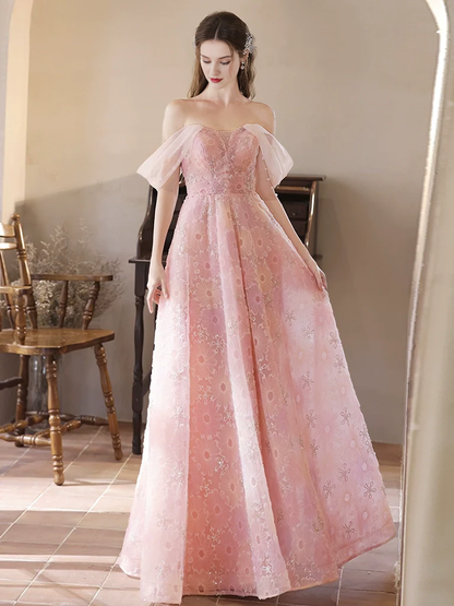 A-Line Tulle Lace Off Shoulder Pink Long Prom Dress Quinceanera Dress