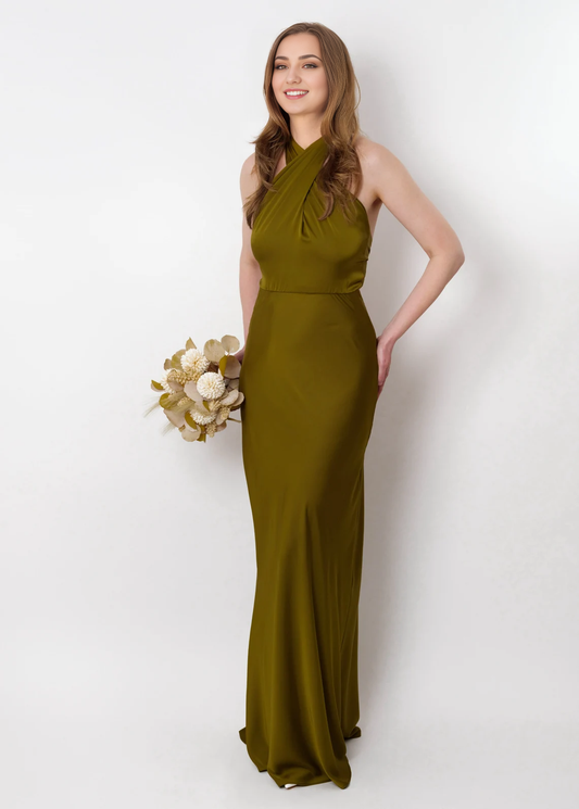 Olive Silk Long Halter Open Back  Bridesmaid Dress Wedding Guest Dress Evening Dress