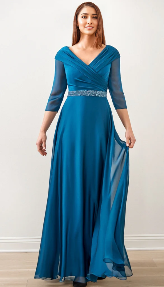 V-Neck Satin Floor-length Formal Mother of the Bride Dresse With Beading Belt