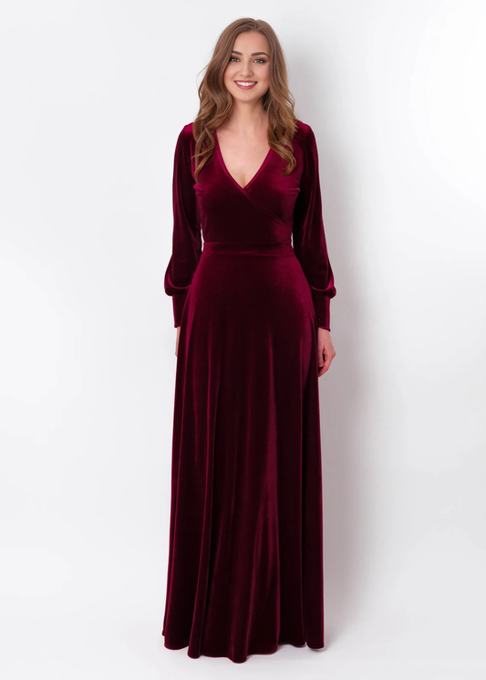 Burgundy Winter Velvet Long Dress Long Sleeves Bridesmaid Dress Wedding Guest Dress