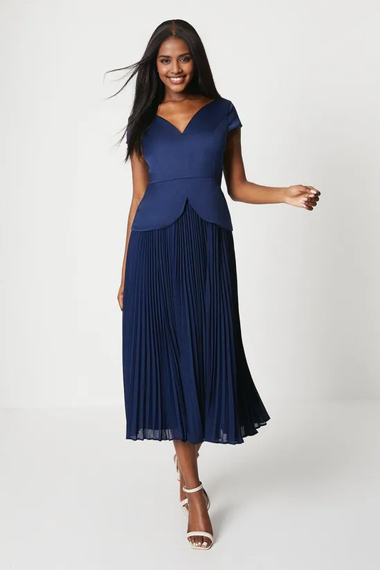 Pleated Dress Overlay Bodice A-Line Short Sleeves Midi Dress Mother of the Bride Dresse