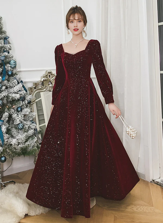 Velvet Long Sleeves A-line Long Formal Dress Prom Dresses Wedding Guest Party Dresses