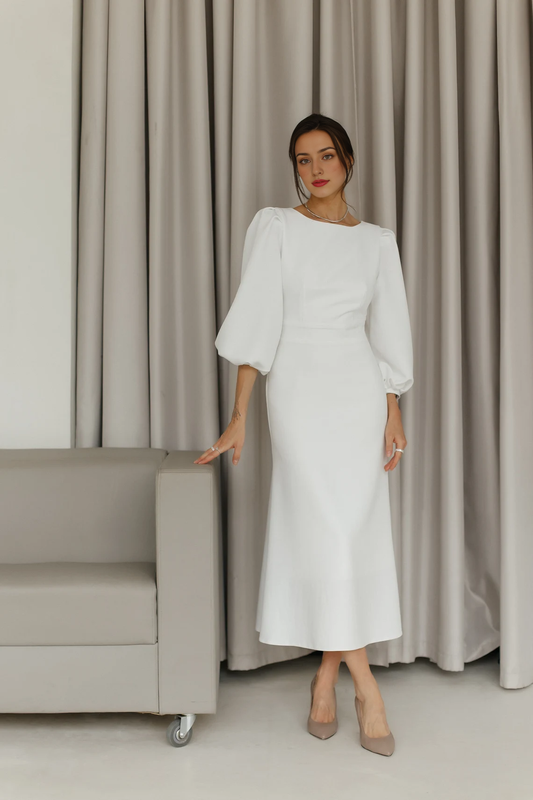 White Puff Short Sleeves Backless White Midi Dress Wedding Guest Dress