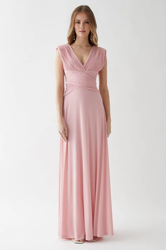 Pleat Bodice Jersey A-line Sleeveless Floor-length Bridesmaids Dress Wedding Guest Dresses