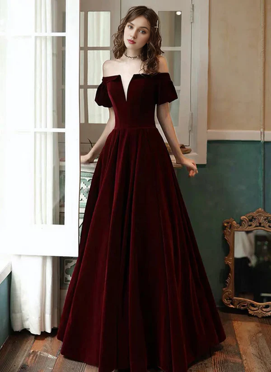 A-Line Princess Velvet Off Shoulder Simple Long Party Dress Velvet Bridesmaid Dress