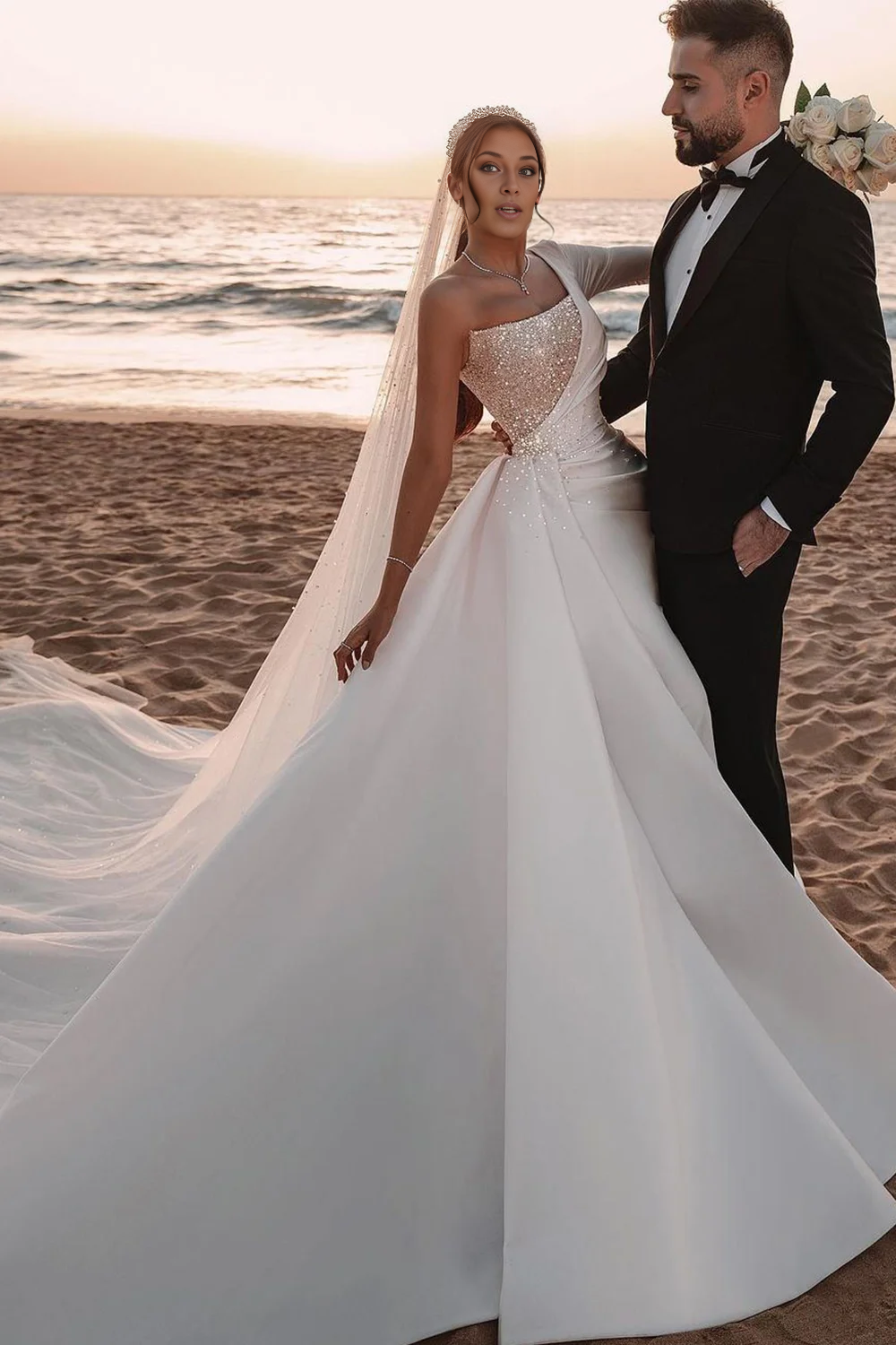 Long Sleeves Wedding Dress With Sequined One Shoulder