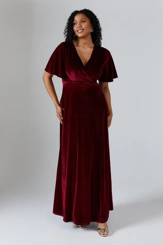 V Neck Angel Sleeve Velvet Bridesmaids Maxi Dress Floor-length Wedding Guest Dresses