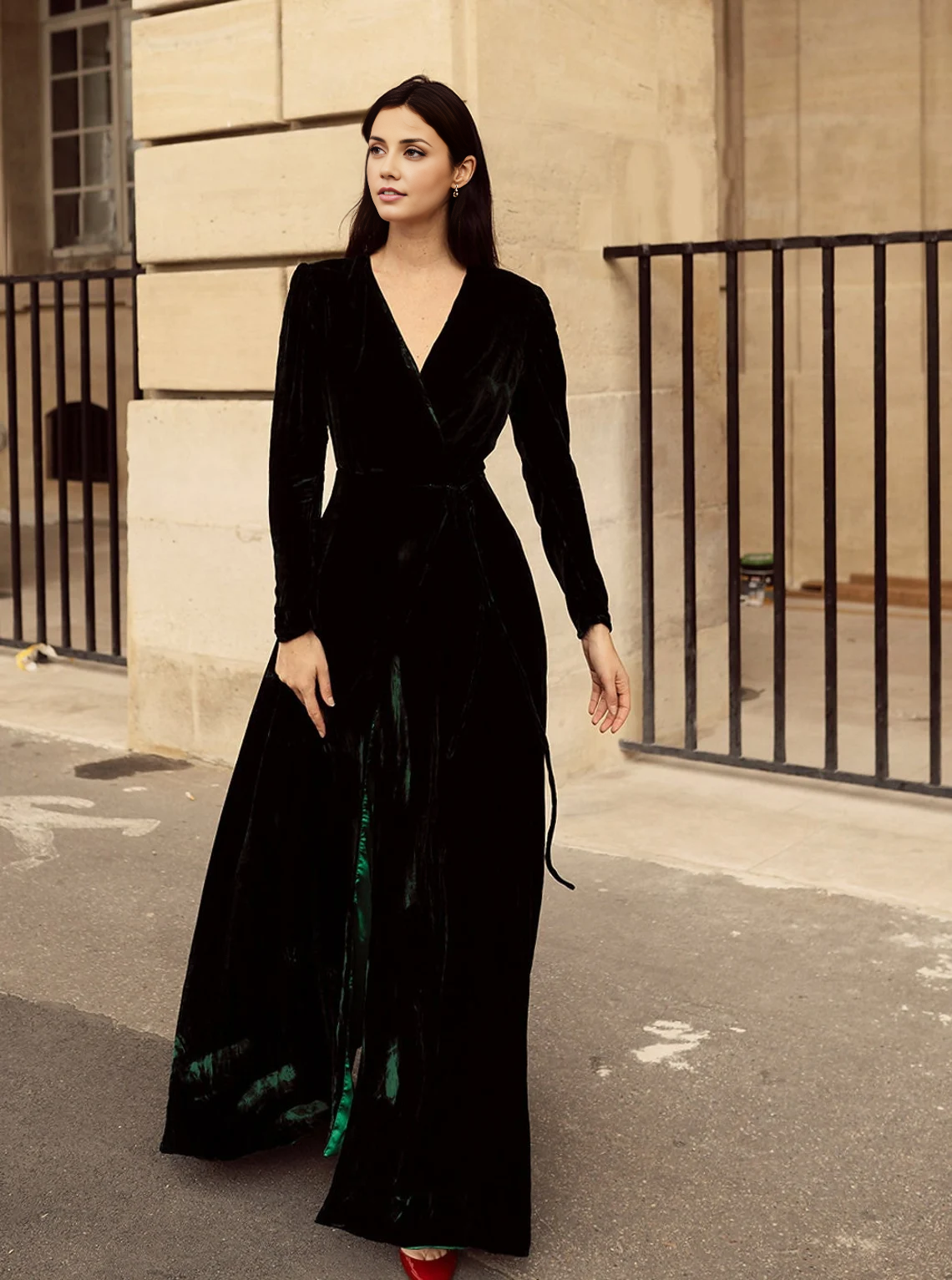 Long Wrap Formal Dresses Velvet Deep V-Neck Women Long Sleeve Wedding Guest Dress Evening Dresses