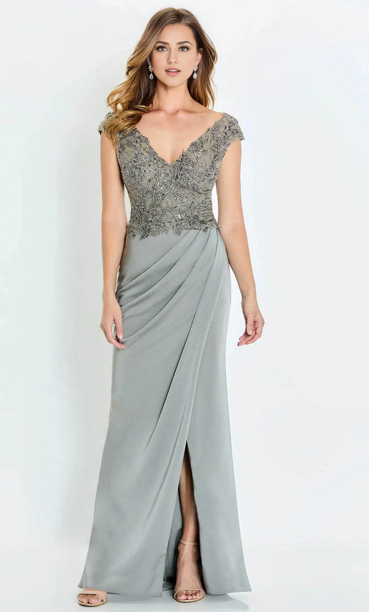 Mermaid Cap Sleeve V-Neck Floor-length Evening Gown with Slit