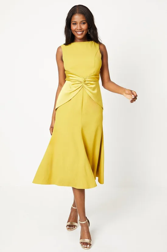 Twist Detail Satin Back Midi Dress Sleeveless Chartreuse Wedding Guest Party Dresses Mother of the Bride Dresse