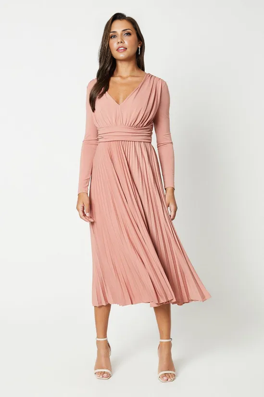 Pleated V Neck Dress Tea length V-Neck Long Sleeves Mother of the Bride Dresse