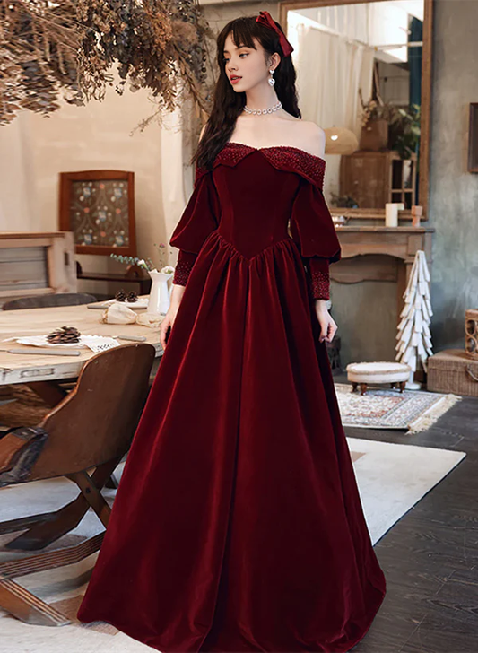 A-Line Princess Beaded Puffy Sleeves Long Formal Dress Velvet Party Dress Prom Dresses