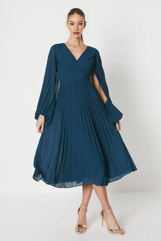 Pleated Georgette Dress With Oversized Sleeve A-Line Mother of the Bride Dresse