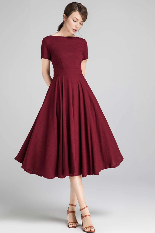 Burgundy Boat Neck Dress With Pockets Short Sleeve Party Dress A-Line Mother of the Bride Dress