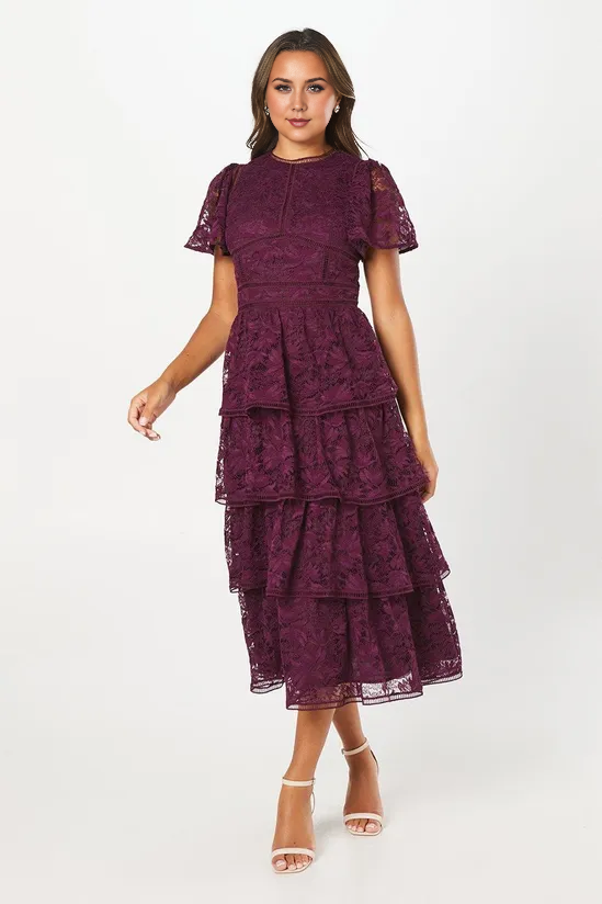 Plum A-Line Tiered Lace Dress With Flutter Sleeve & Trims Wedding Guest Party Dresses