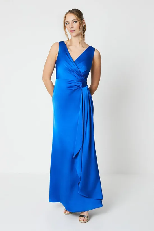 Wrap Front Waist Detail Gown Sleeveless Satin Floor-length Wedding Guest Dresses Mother of the Bride Dresse