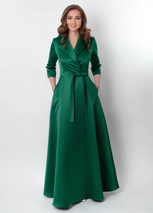 Emerald Green A-Line Formal Wrap Satin Wrap Dress Bridesmaid Dress Wedding Guest Dress