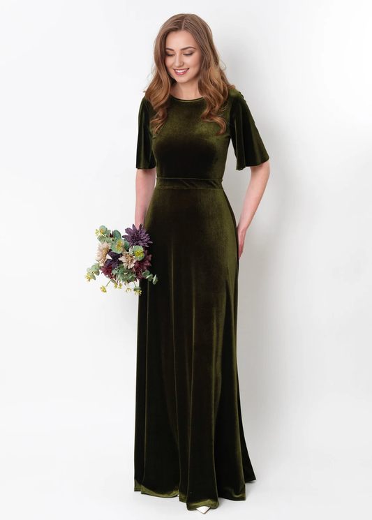 Olive Green Velvet Winter Long Bridesmaid Velvet Wedding Guest Dress Slit Dress