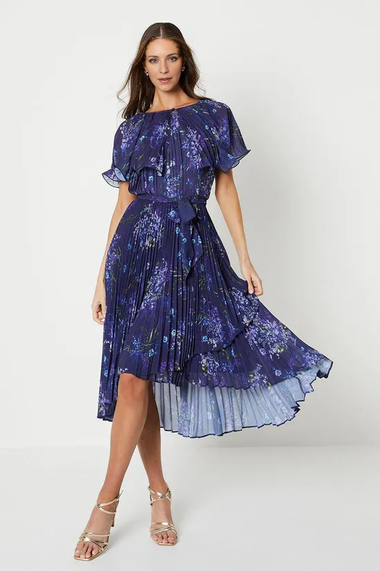 Pleated Cape Midi Dress With Tie Waist Chiffon A-Line Mother of the Bride Dresse Wedding Guest Dresses