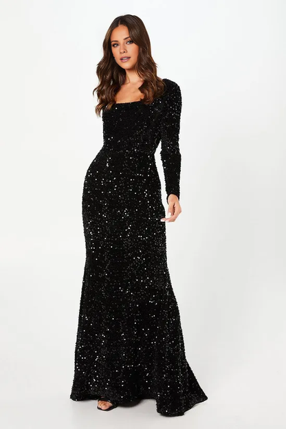 Square Neck Velvet Sequin Long Sleeve Gown Winter Wedding Guest Dresses Evening Dresses