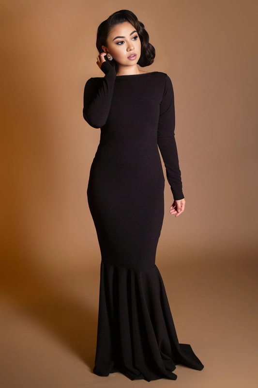 Black Boat Neck Dress Backless Long Sleeve Mermaid Dress Sleek Wedding Guest Dress