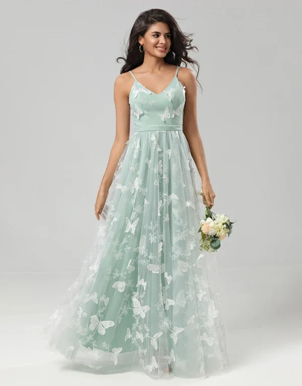 A Line Straps Matcha Long Bridesmaid Dress with Appliques