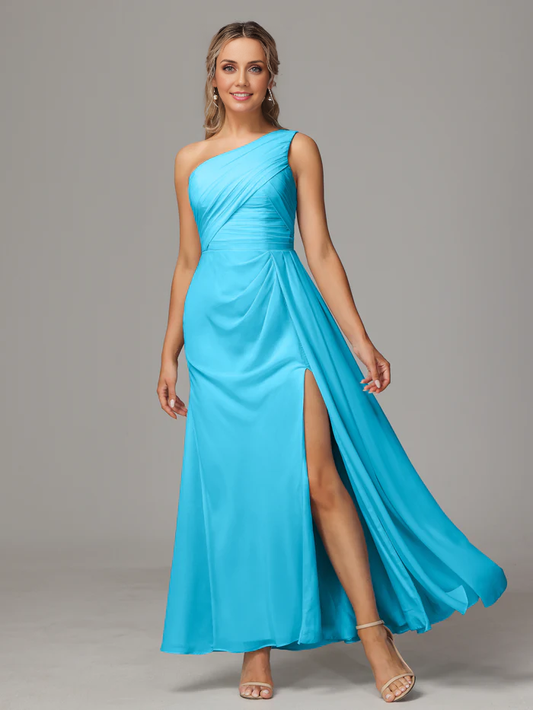 One Shoulder Floor Length Chiffon Bridesmaid Dress With Slit