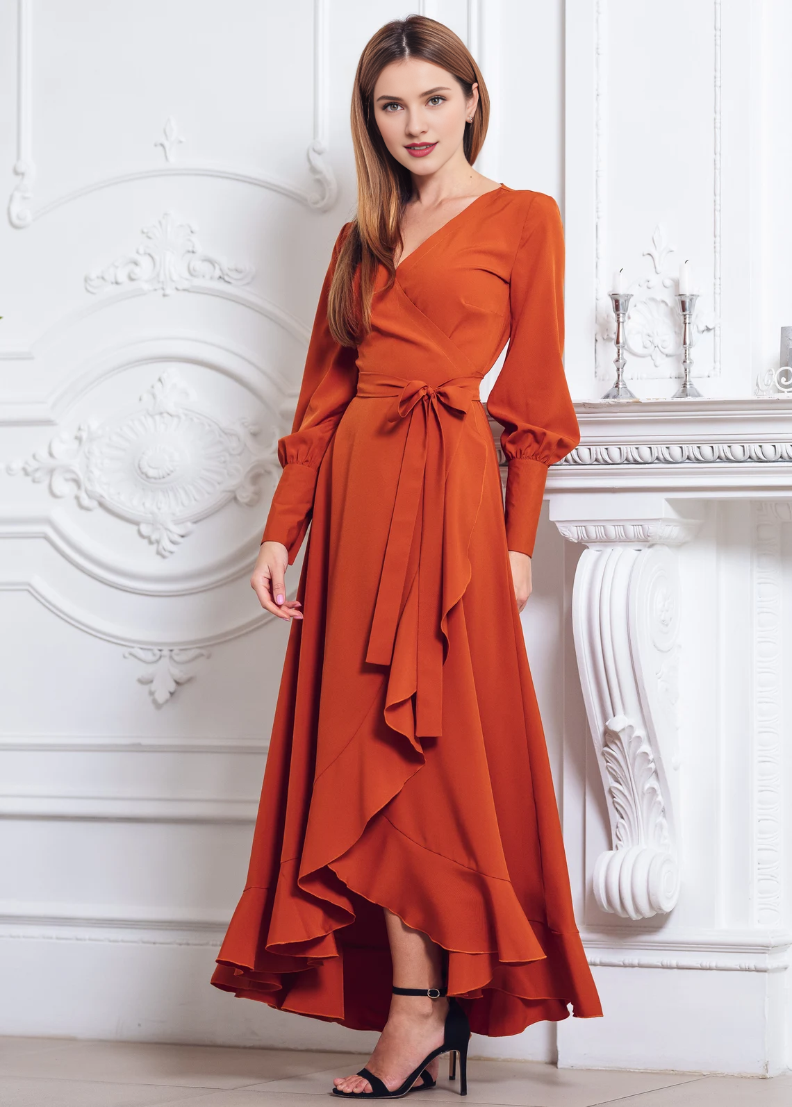 Rust Orange Long Sleeves Wrap Dress Maxi Bridesmaid Dress Cocktail Dress Wedding Guest Dress