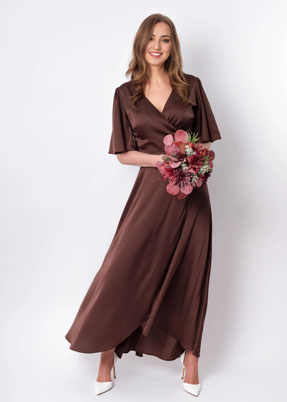 Choсolate Brown V-Neck Silk Dress Wrap Dress Bridesmaid Dress Wedding Guest Dress