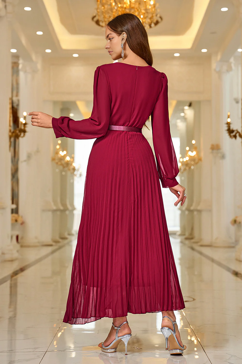 A Line V Neck Pleated Appliques Belted Formal Prom Dress with Long Sleeves