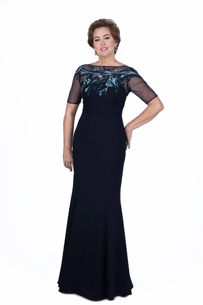 Navy Mermaid Illusion Neckline Mother of the Bride Dresse With Applique