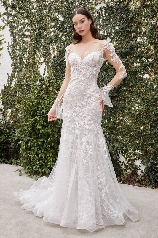 Stunning Sheer Lace Long Sleeve Mermaid Tulle Wedding Dress Sweep Train Dresses