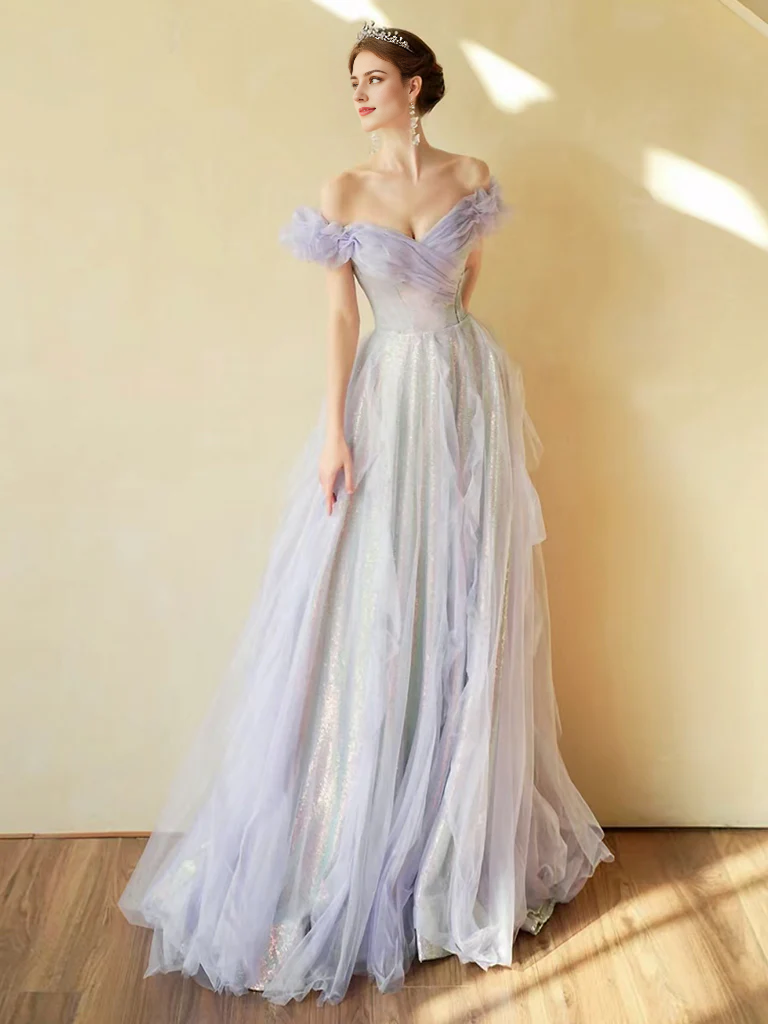 Glitter A-Line Princess Off Shoulder Tulle Sequin Purple Long Prom Dress