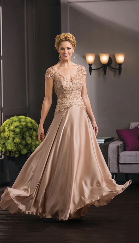 A-Line V-Neck Lace Satin Long Mother of the Bride Dresse