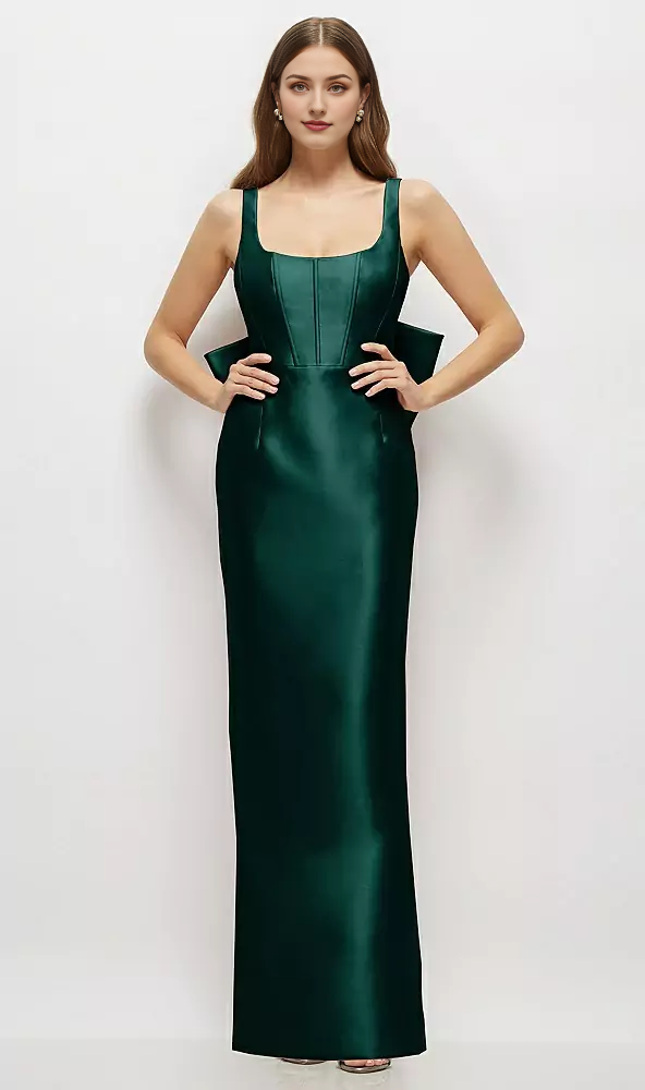 Scoop Neck Corset Satin Maxi Dress with Floor-Length Bow Tails Long Bridesmaid Dresses Wedding Guest Dresses