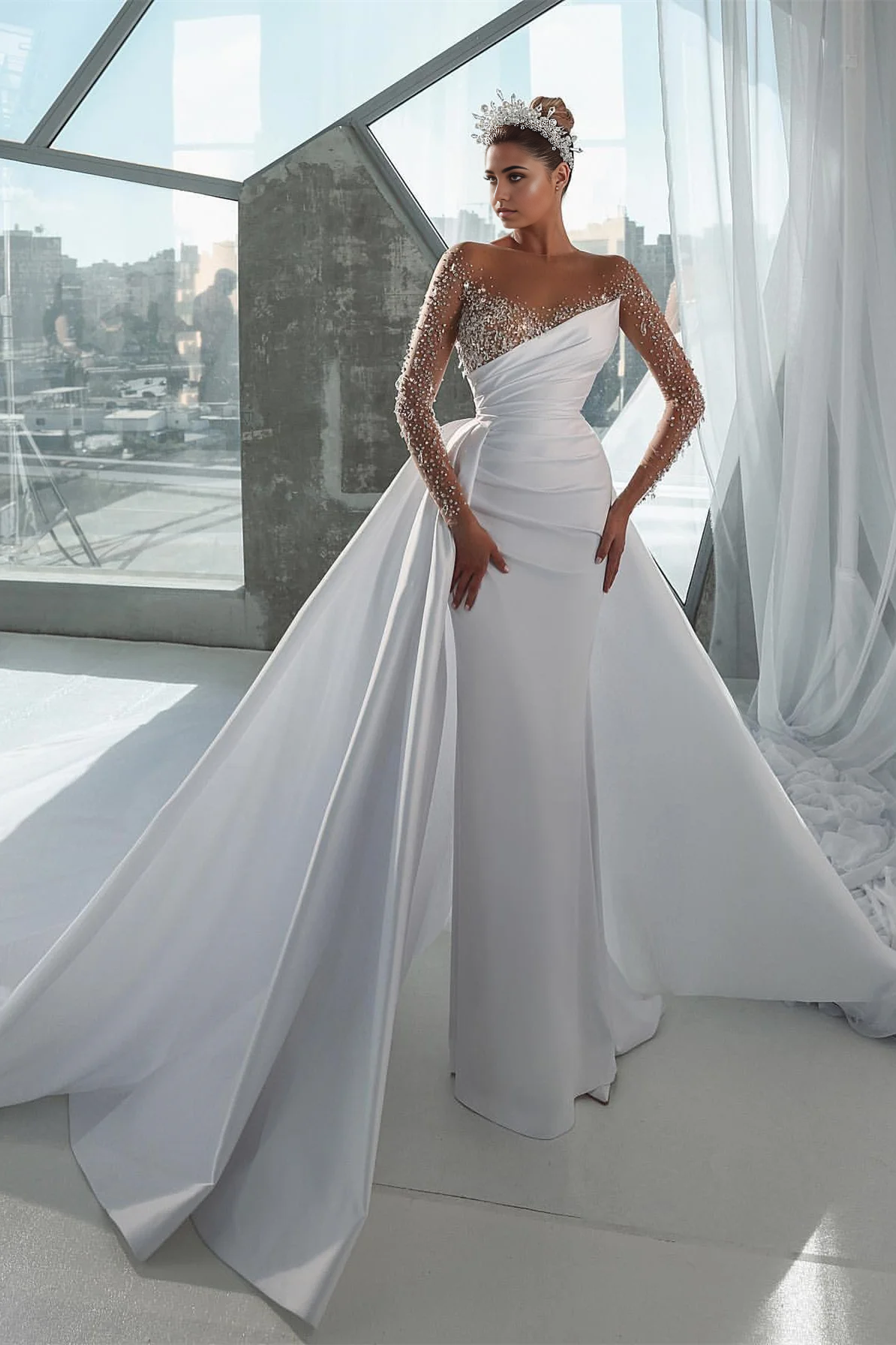 Long Sleeves Mermaid Wedding Dress Overskirt WIth Beadings