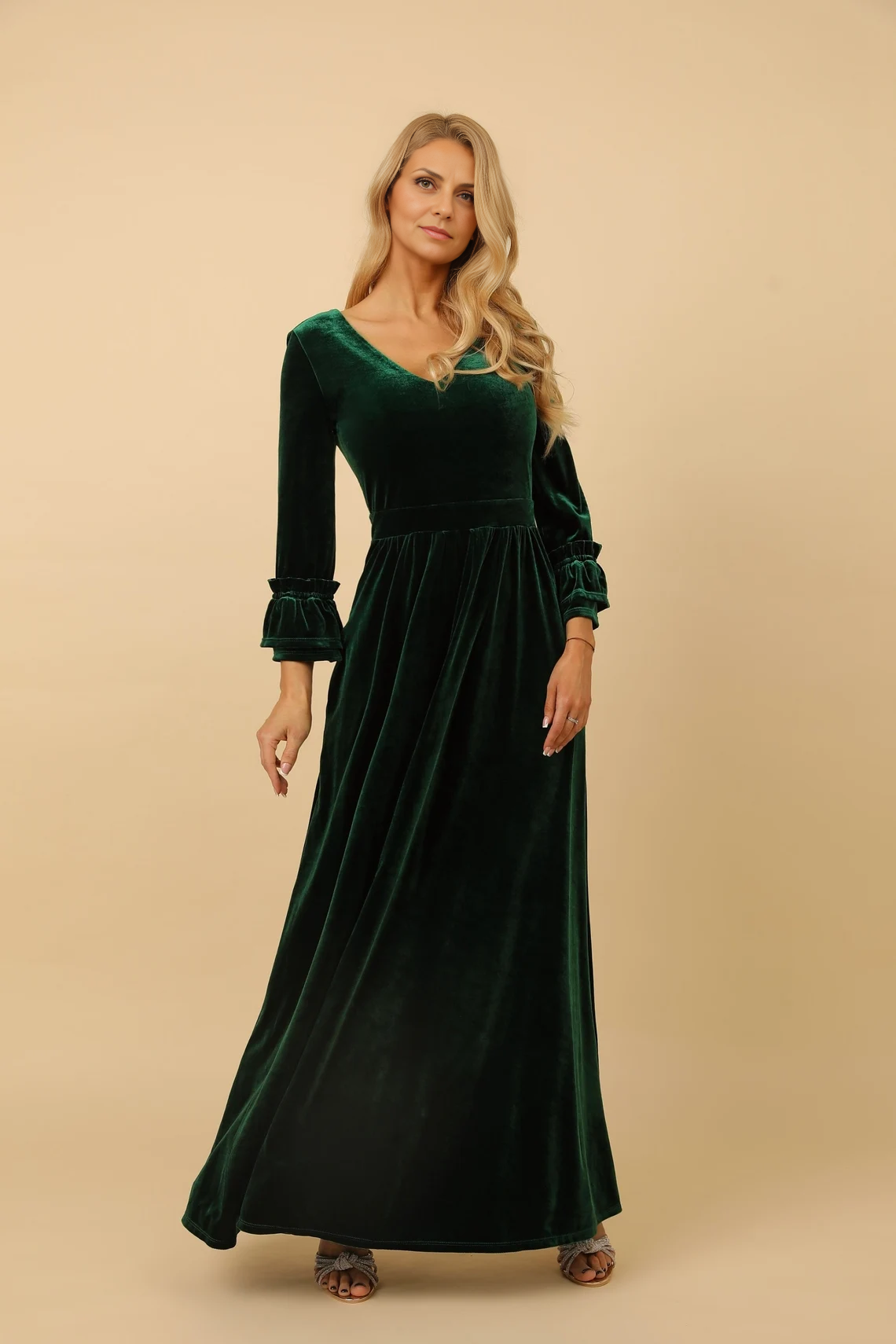 Emerald Velvet Formal Bridesmaid Dress Wedding Guest Dress Low Back V-neck Dress Evening Dress