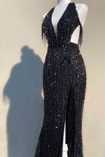 Plunging V-Neck Black Side Cut-Out Long Prom Dress with Fringe