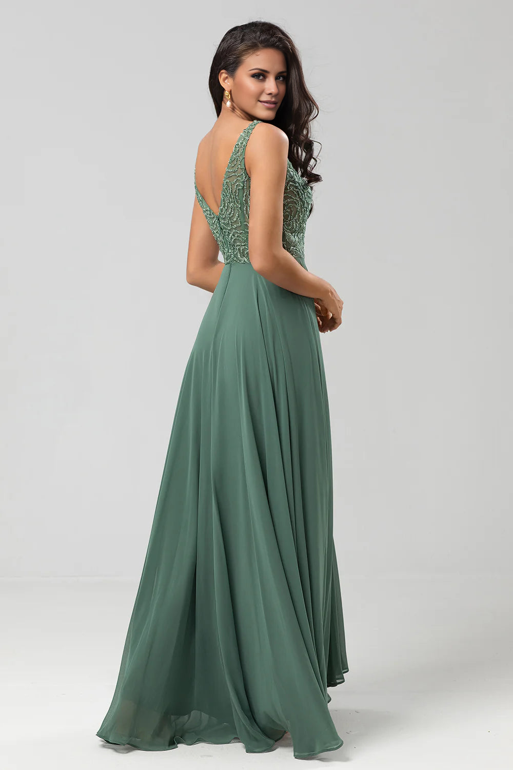 A Line V Neck Eucalyptus Long Prom Dress Charismatic Bridesmaid Dress with Beading