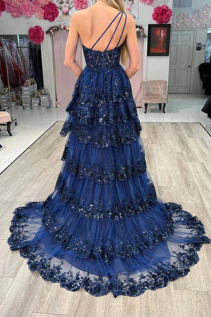 Sparkly A Line One Shoulder Navy Lace Corset Prom Dress with Ruffles