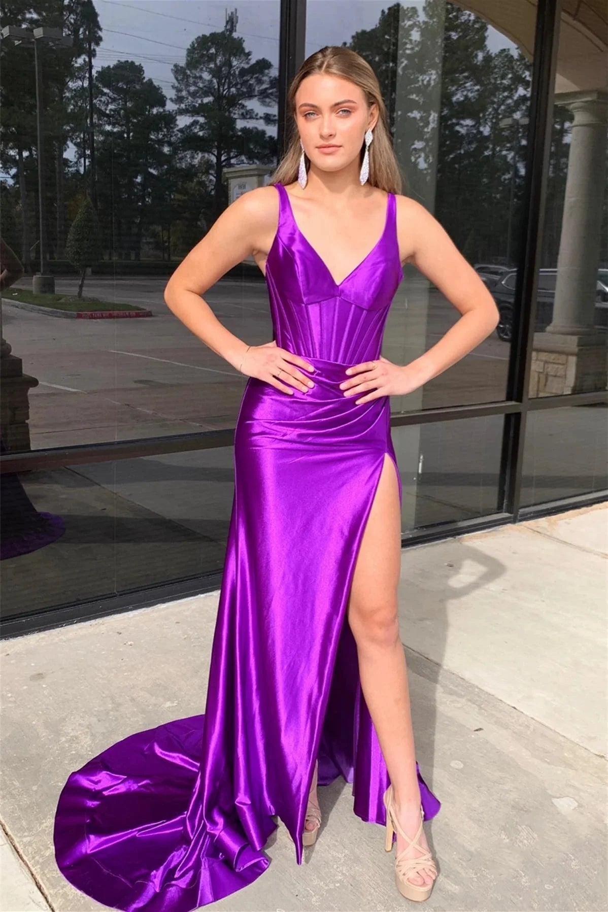 Grape Mermaid Satin V Neck Long Prom Dress with Slit