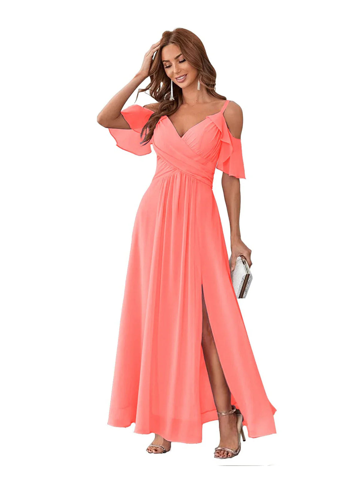 A-Line V Neck Spaghetti Straps Ankle Length Bridesmaid Dresses Chiffon with Ruffles Bow(s)