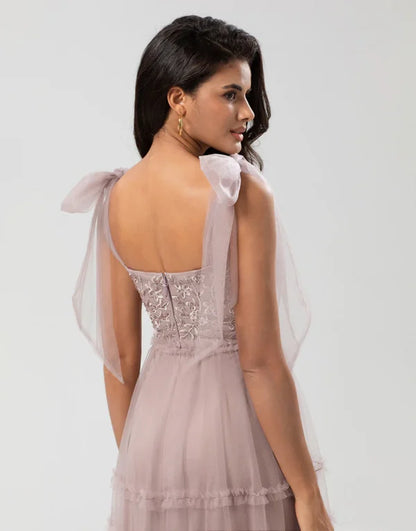 A-Line V Neck Dusty Pink Long with Beading Bridesmaid Dress