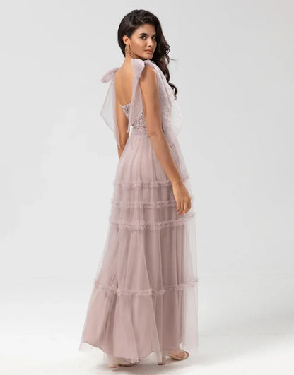 A-Line V Neck Dusty Pink Long with Beading Bridesmaid Dress