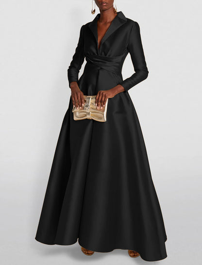 A-Line Evening Gown Wedding Guest Floor Length Long Sleeve Shirt Collar Satin with Ruched