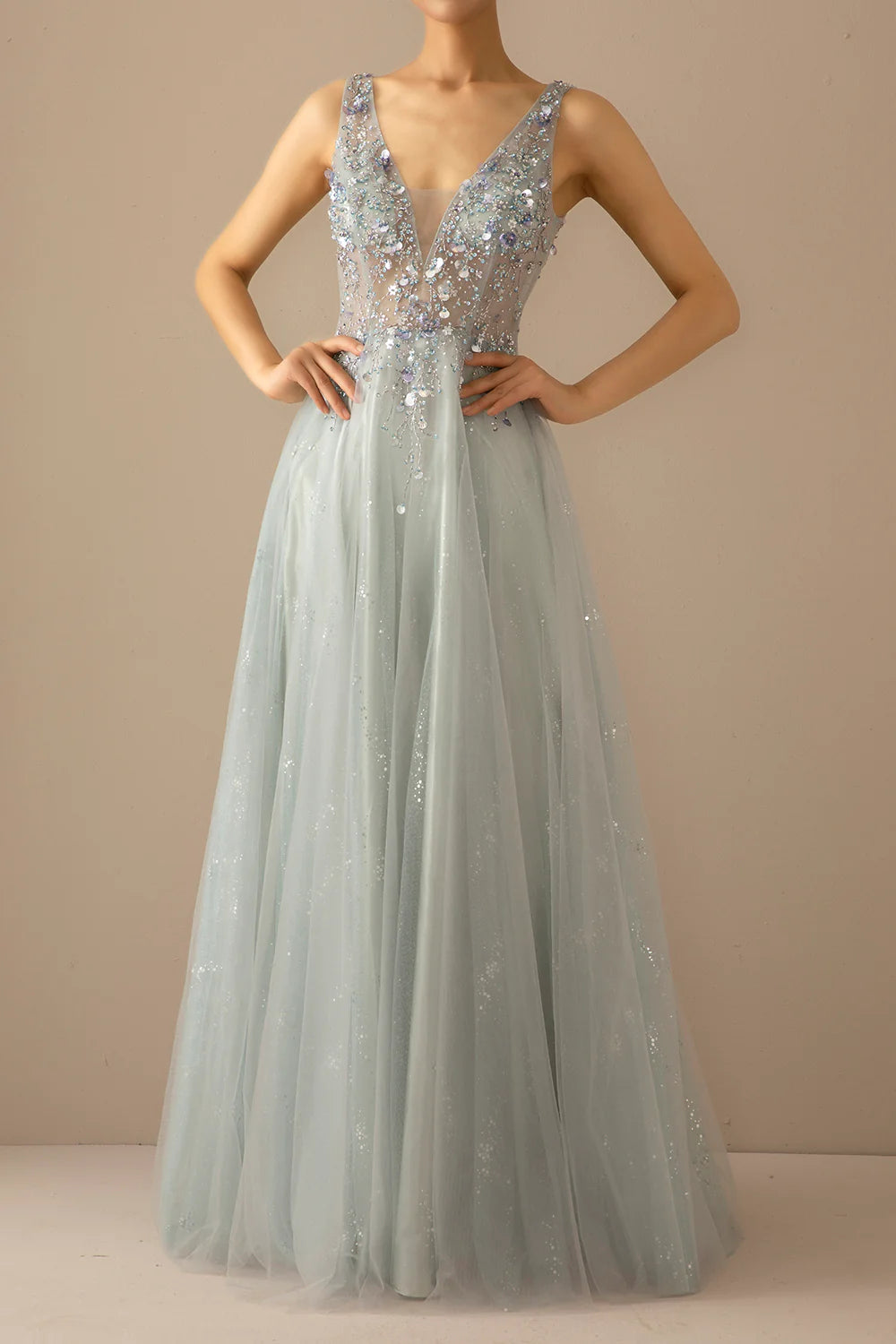 Long A Line V-Neck Tulle Wedding Guest Dress Grey Blue Evening Dress