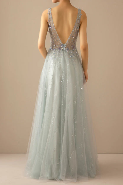 Long A Line V-Neck Tulle Wedding Guest Dress Grey Blue Evening Dress