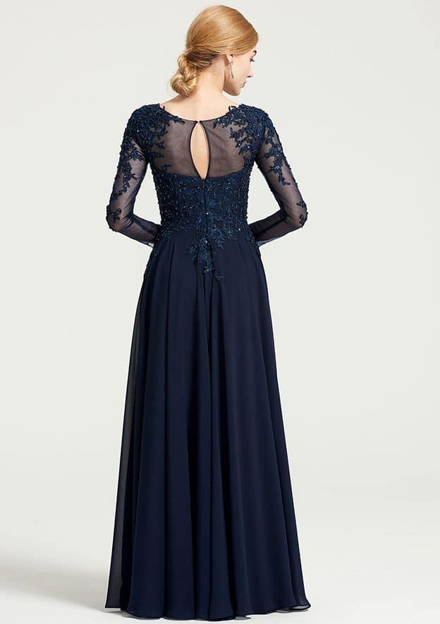 A-line Bateau 3/4 Sleeve Floor-Length Chiffon Mother of the Bride Dress With Beading Appliqued